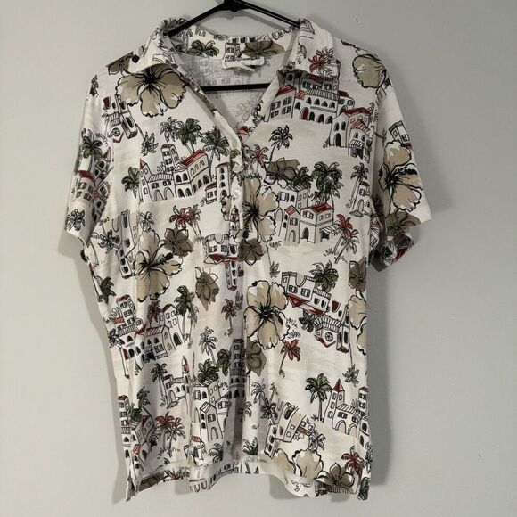 Cathy Daniels 90s Floral Tropical Island Polo Style Unisex T-Shirt L - Picture 1 of 5